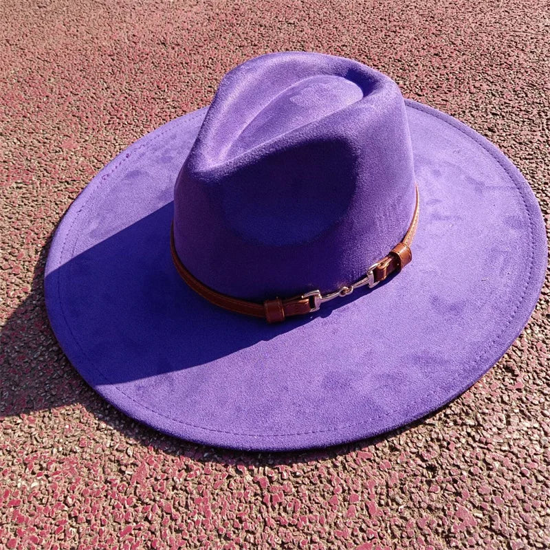 Suede fedora hat with same color accessories teardrop top wide brim hat for men and women Panama hat chapeau homme sombrero