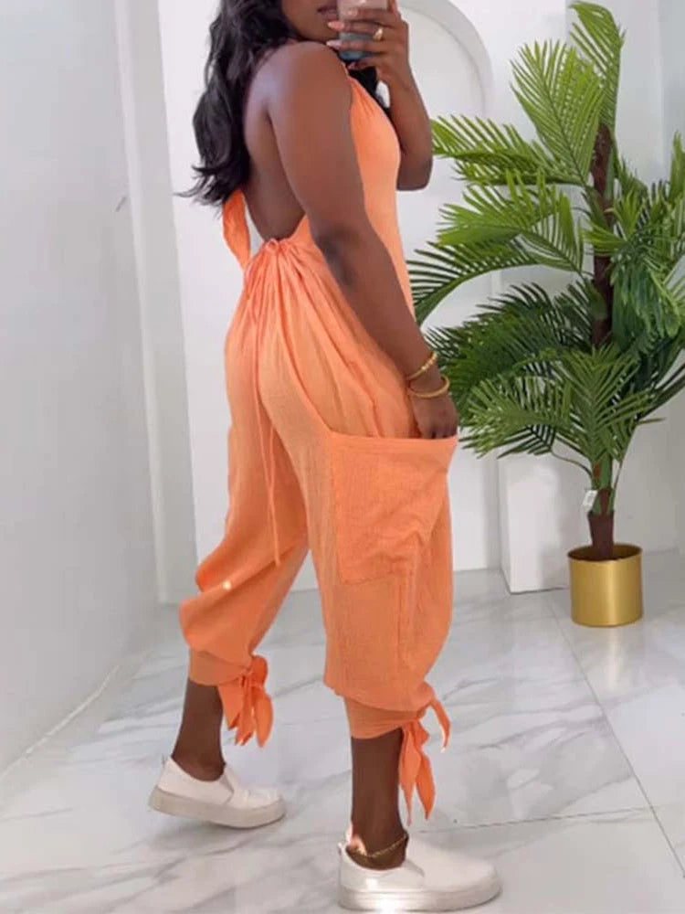 Casual Long Jumpsuits for Women Clothing Summer 2025 Trend Halter Tied Detail Pocket Design Jumpsuit Woman One Pieces Outfit