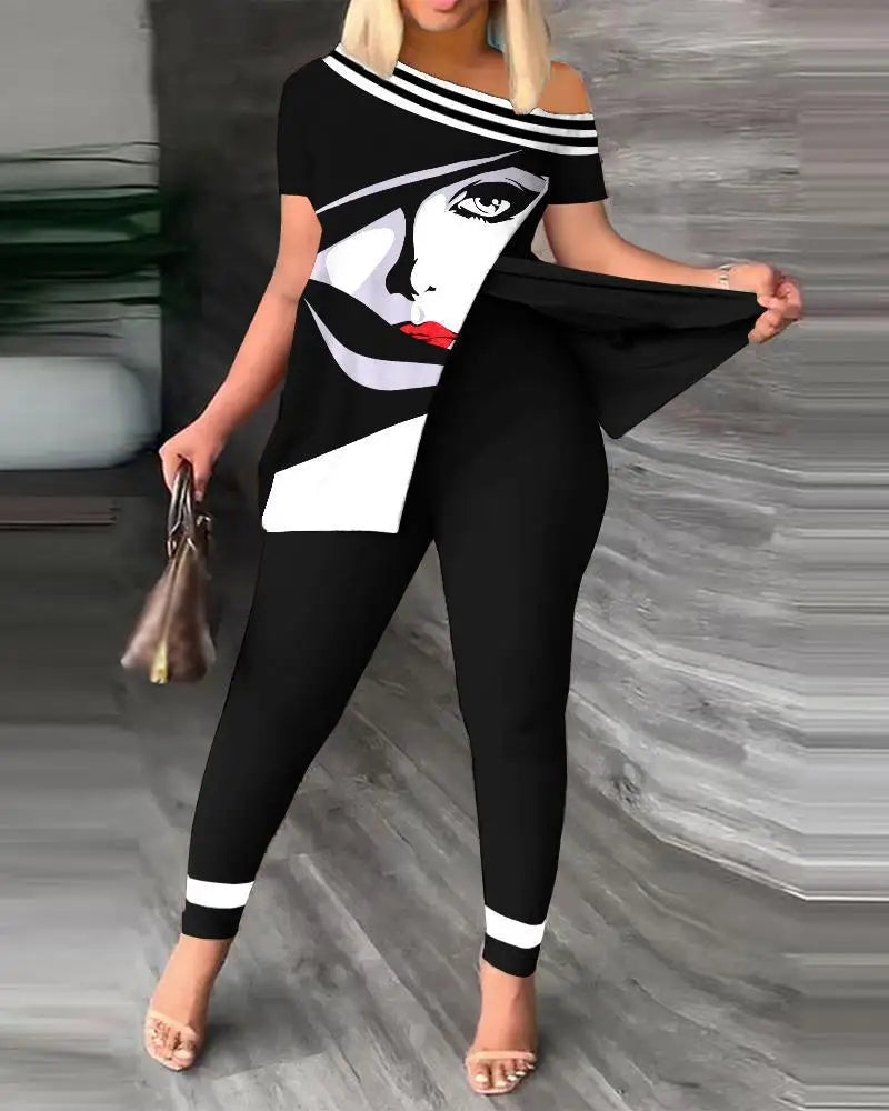 2 Piece Fashion Printed Ruffle Sleeve Pants Set