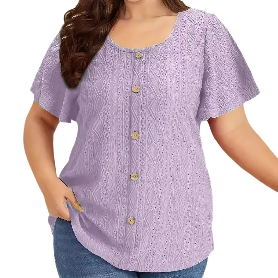 Plus Size Summer Women T Shirt Elegant Casual Solid Short Sleeve Shirts Ladies Hollow Loose Button Big Size Black White Tops 5XL