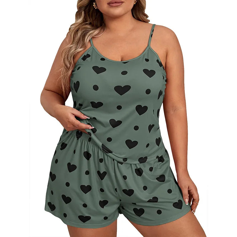 Sur plus size heart print women pajama set sleeveless XL XXL XXXL elastic waist shorts 2 pieces female sleepwear nightwear