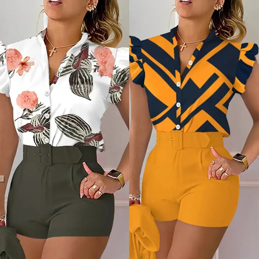 Button Top & Shorts With Belt 2 Piece Set