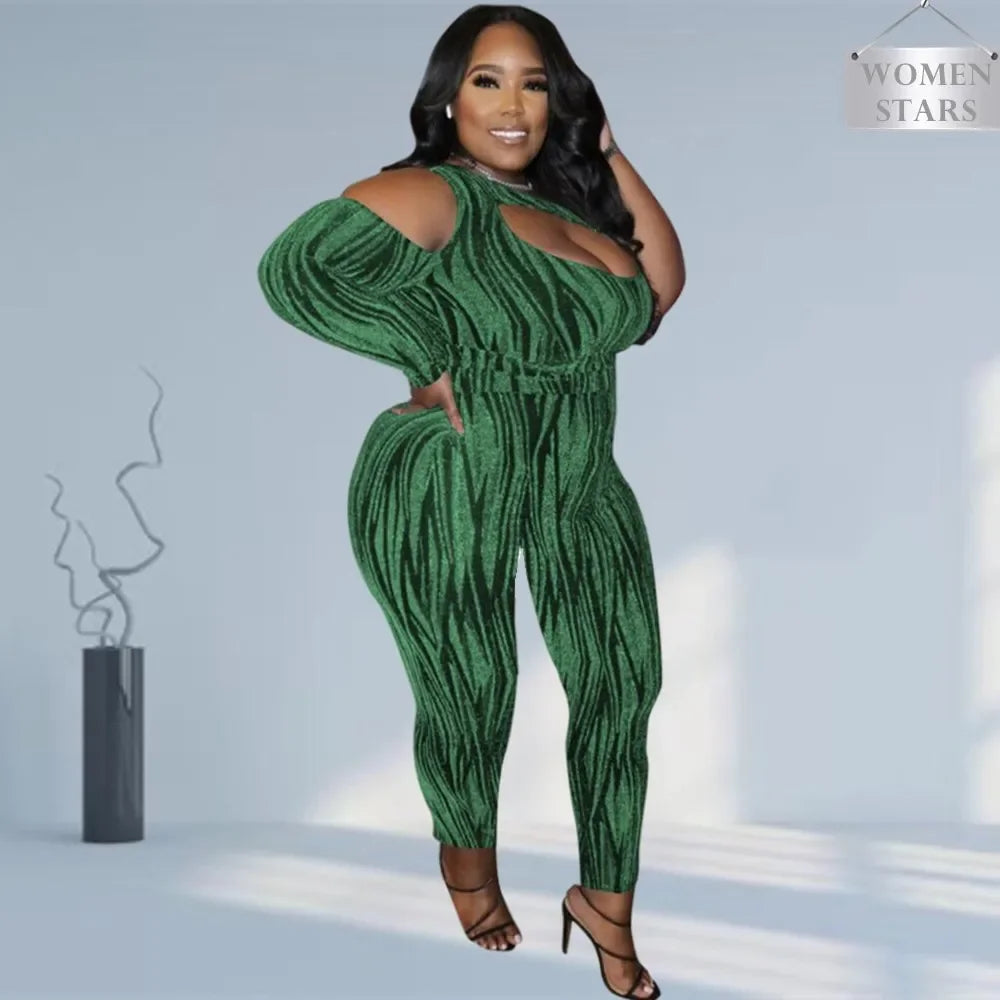 Sexy Jumpsuits Plus Size Women Clothing Single Long Sleeve Hollow Out Club Outfits Bodycon Stretch Wholesale Drop Shipping
