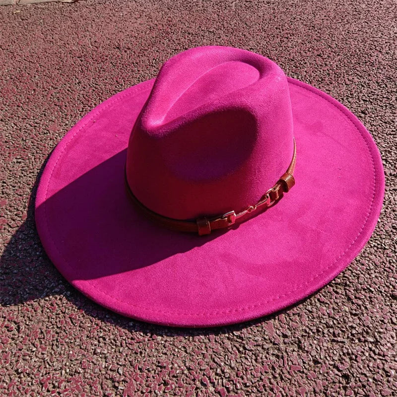 Suede fedora hat with same color accessories teardrop top wide brim hat for men and women Panama hat chapeau homme sombrero