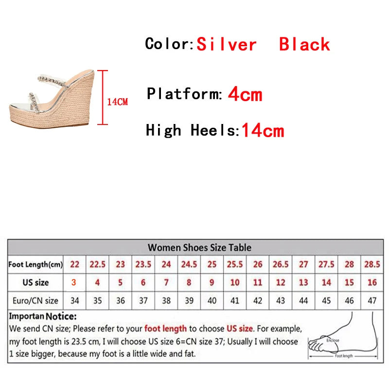 New Crystal Transparent Open Toe Platform Heels Slippers Women Wedges Sandals Fashion Straw Rope Weave Thick Bottom Female Shoes