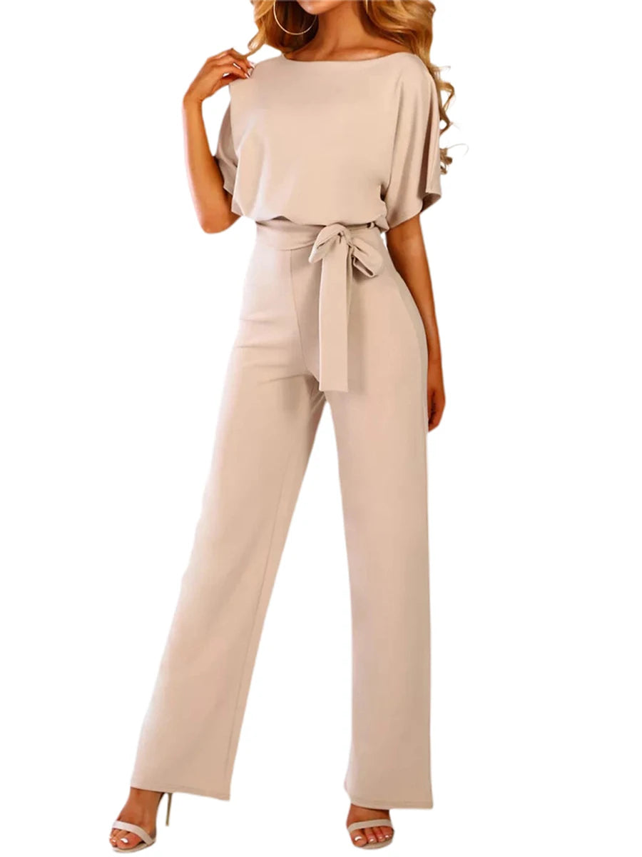 Women Daily Fashion Versatile Jumpsuit Sexy Solid Color Jumpsuit V-Neck Short Sleeve Open Back High Waist Elastic Loose Jumpsuit