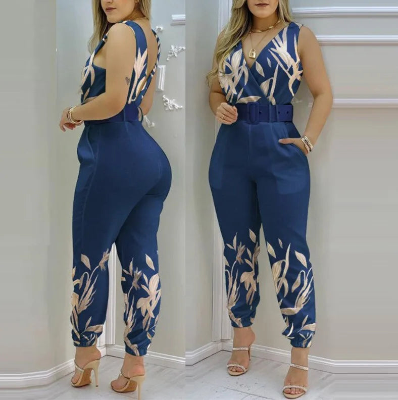 Summer Elegant Women Jumpsuits Office Lady Sexy V-neck Sleeveless Print Jumpsuits New Fashion With Belt Vest Playsuit Streetwear