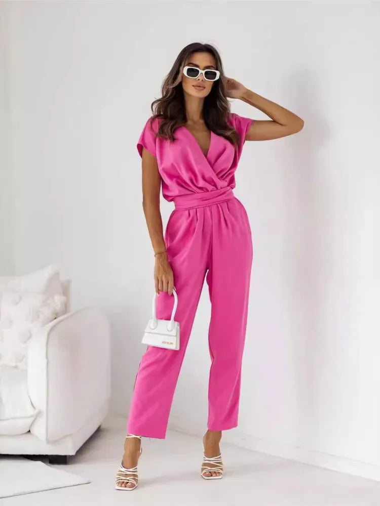 Summer Office Lady Jumpsuit Fashion Solid Color Short Sleeve Long Pants Jumpsuits For Women Casual Overalls Elegant Jumpsuit