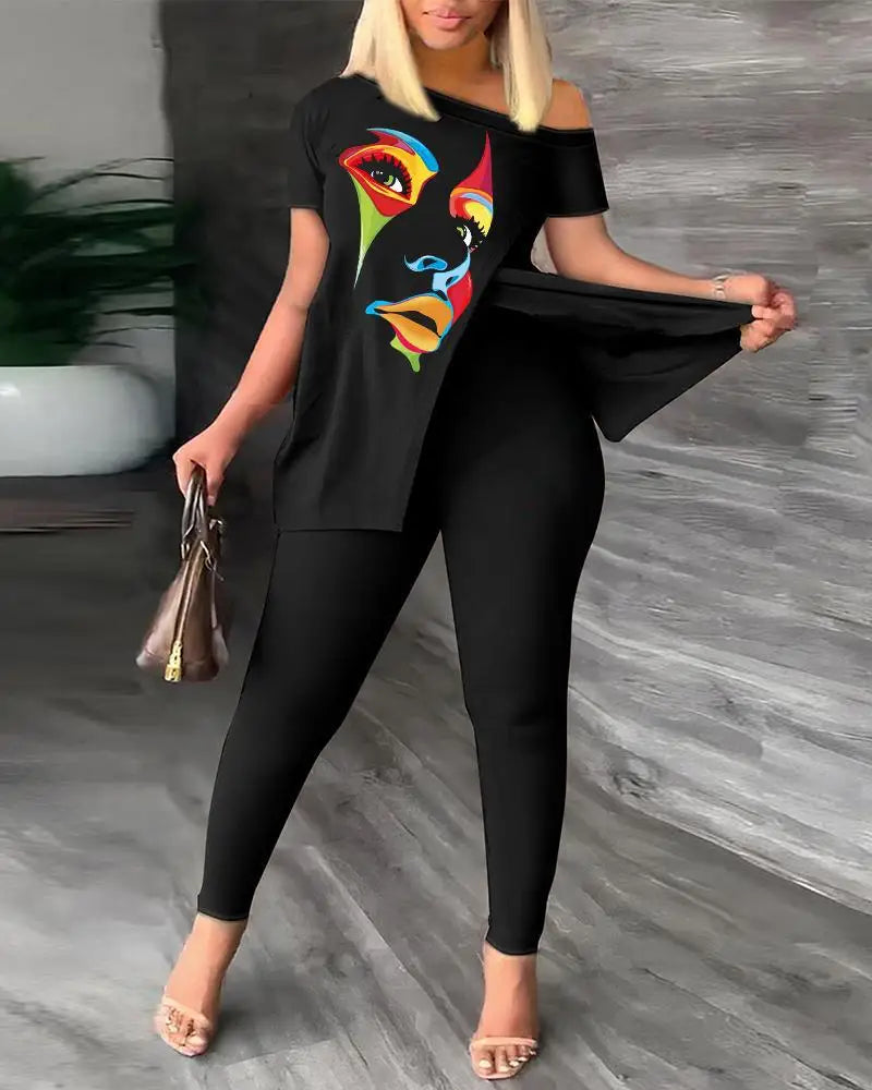 2 Piece Fashion Printed Ruffle Sleeve Pants Set