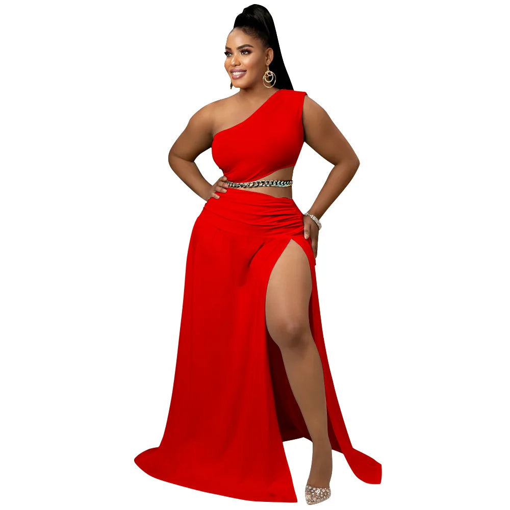 One Shoulder Top Side Split Skirt 2 Pieces Set
