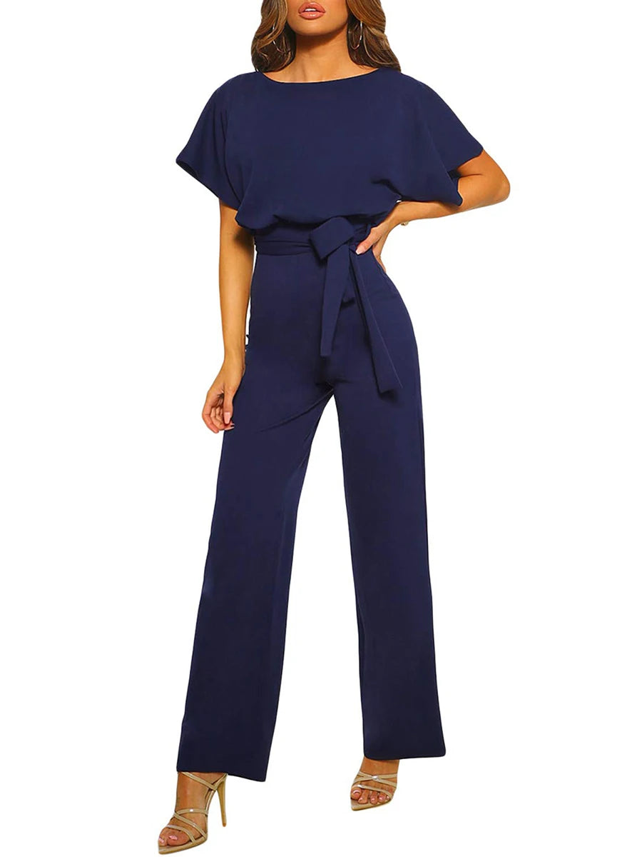 Women Daily Fashion Versatile Jumpsuit Sexy Solid Color Jumpsuit V-Neck Short Sleeve Open Back High Waist Elastic Loose Jumpsuit