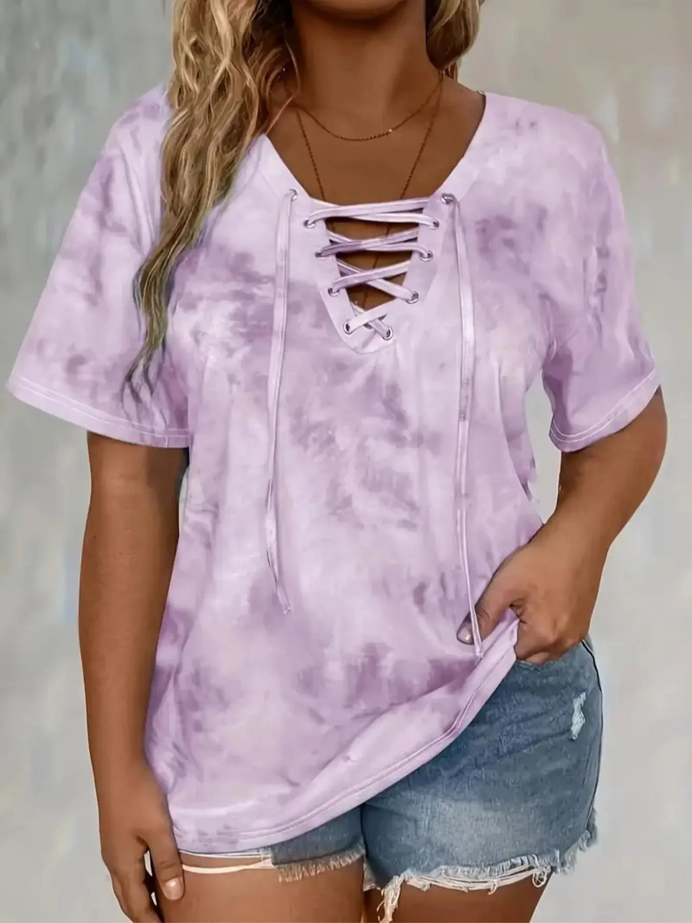 Women's Plus Size 1XL-5XL Fashion Tie Dye Print Loose Fit Tee with Lace-Up Short Sleeve T-Shirt Ladies Casual Drape Neck T-shirt