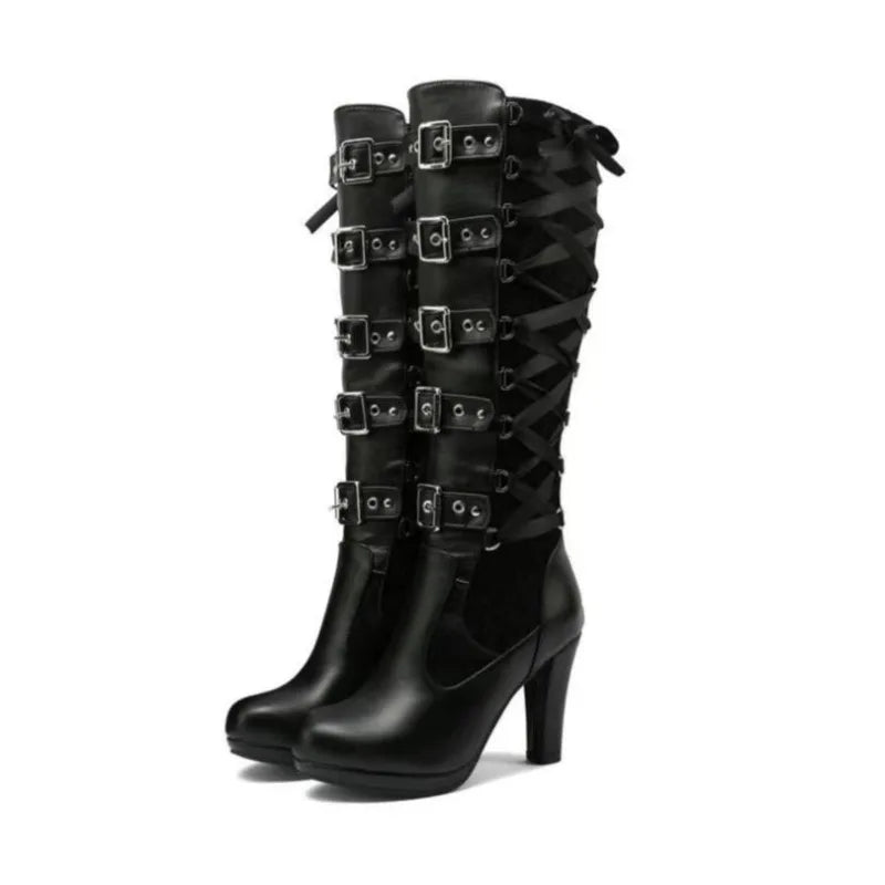 High-heeled boots Platform Boots for Women Lace Up Chunky High Heel Mid Calf Boots Narrow Band Bow Knot Goth Gothic Shoes 2025