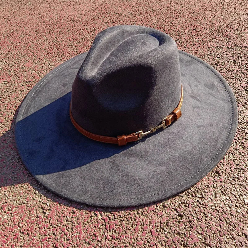Suede fedora hat with same color accessories teardrop top wide brim hat for men and women Panama hat chapeau homme sombrero