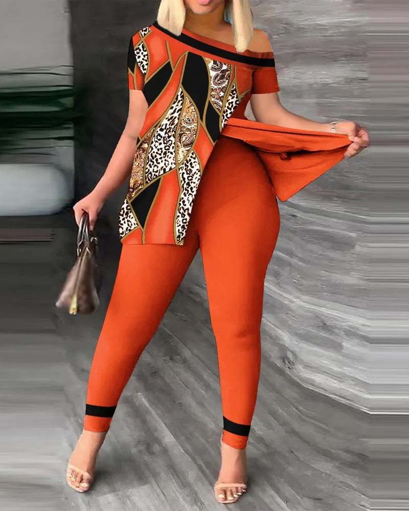 2 Piece Fashion Printed Ruffle Sleeve Pants Set