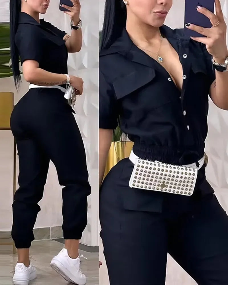 New Fashion Women Working Jumpsuit Short Sleeve Pocket Design Turn Down Collar Elastic Waist Drawstring Cuffed Cargo Jumpsuit