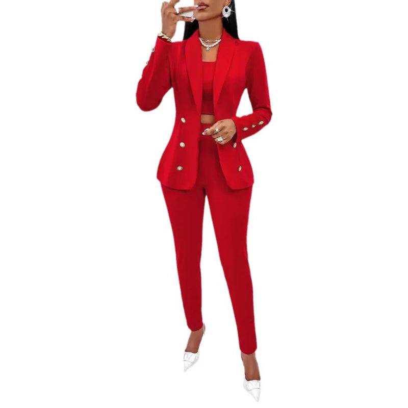 3 Piece Strapless Crop Top Collar Coat & Pants Set