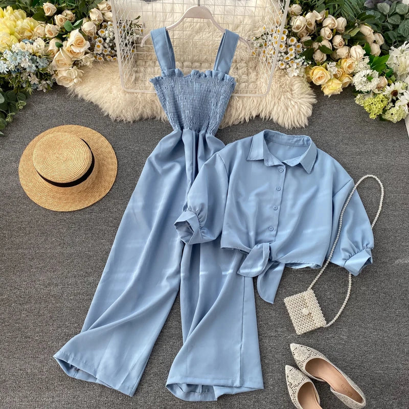 2025 Two Piece Sets Womens Outfits Skirt Suit Roupas Femme Short Sleeve Crop Blouse High Waist Pleated Jumpsuit Korean Y2k Set
