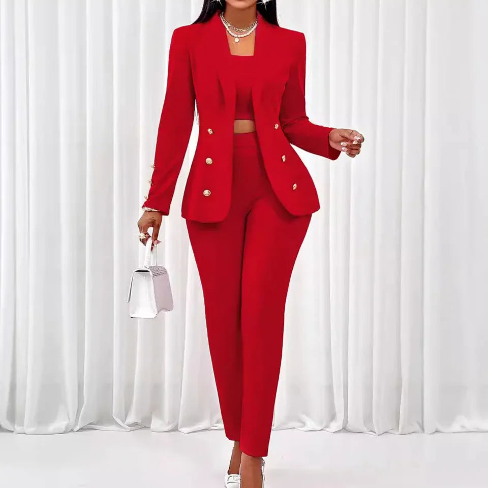 3 Piece Strapless Crop Top Collar Coat & Pants Set
