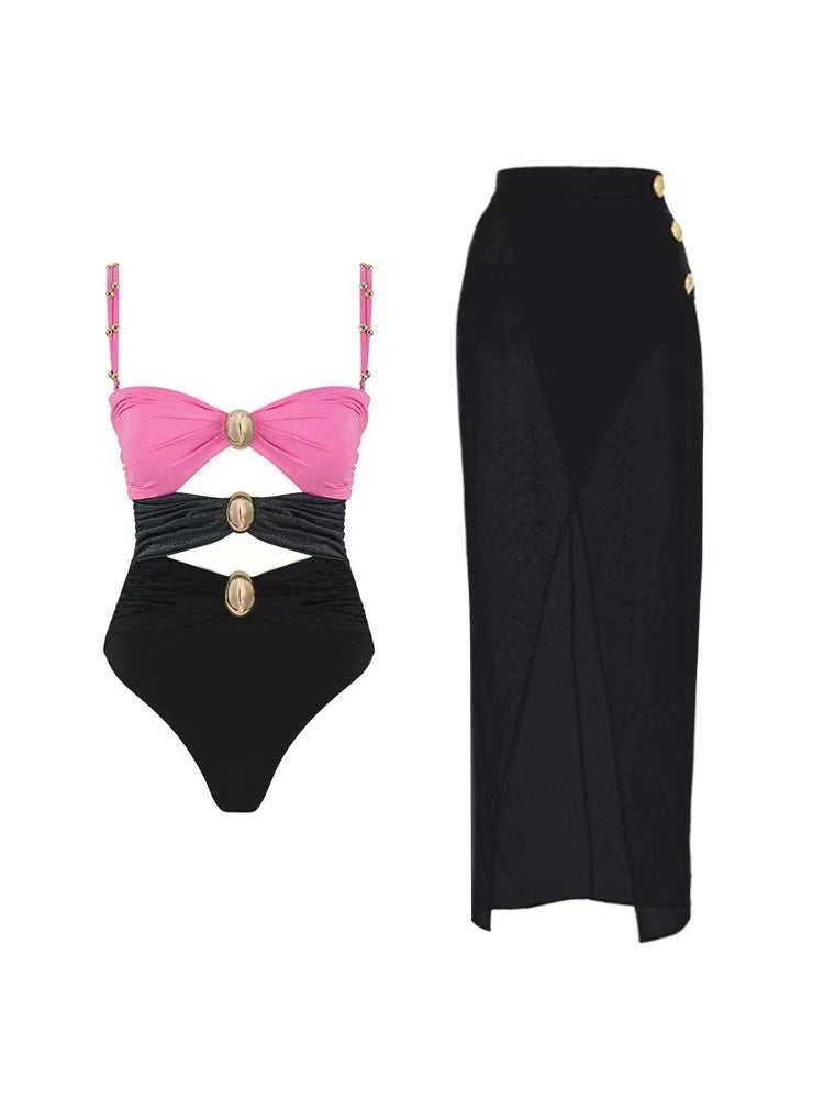 Two Pieces Set Woman Swimsuits 2025 Trend Printed One-piece Swimsuit Sexy Hollowed Out High Waisted Bikini for Beach Vacation