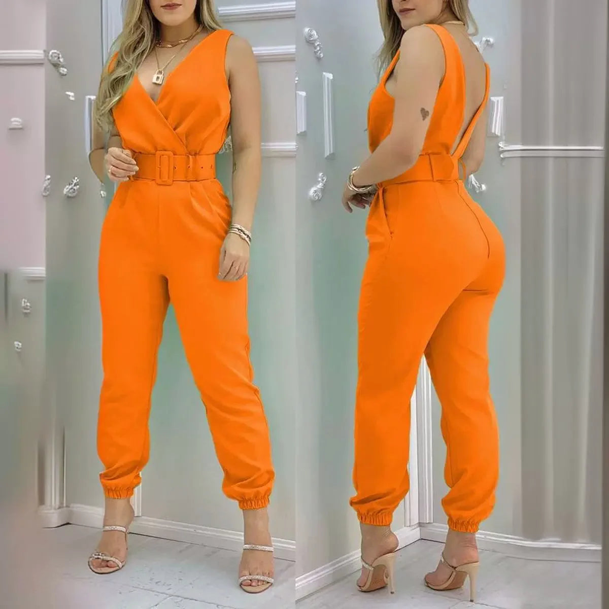 Summer Elegant Women Jumpsuits Office Lady Sexy V-neck Sleeveless Print Jumpsuits New Fashion With Belt Vest Playsuit Streetwear