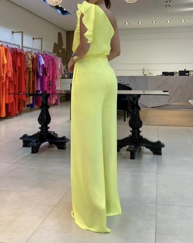 Fashion One Shoulder Ruffles Sleeveless Waist Jumpsuit