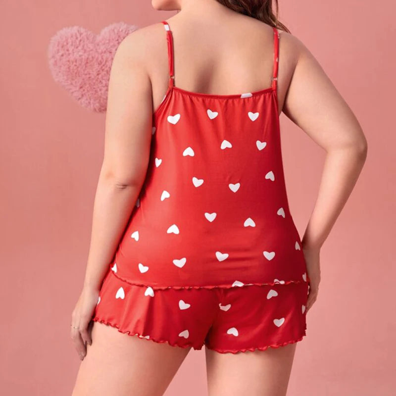 Plus-Size XL-5XL Women Pajama Set Nightgowns Cami Shorts Nightclothes Sleeveless Nightwear Red Love Print Soft Sleepwear Summer
