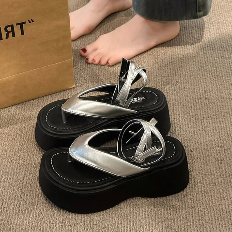 Platform Buckle Flip Flop Slingback Sandals