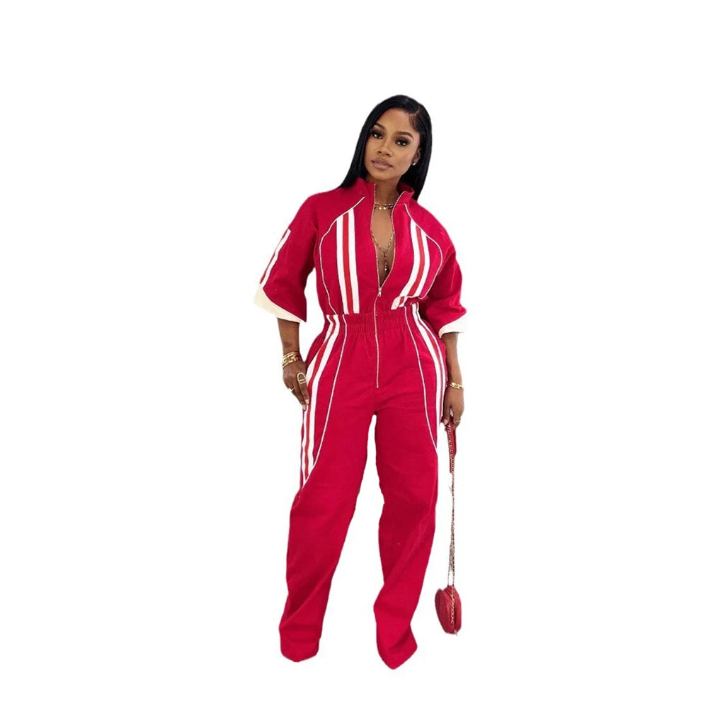 Women Jumpsuits for Spring Half Sleeve Zip Front Stripe Loose Trends Streetwear Overalls Wide Leg Pants Trousers 2025 Summer New