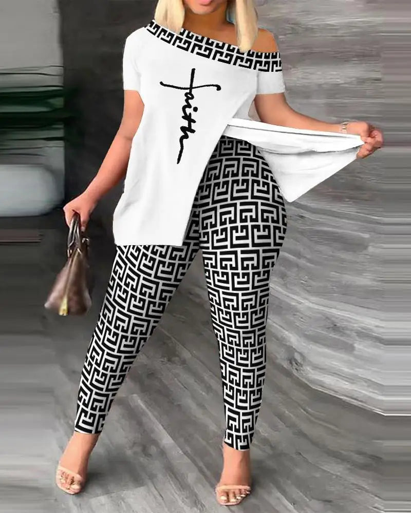 2 Piece Fashion Printed Ruffle Sleeve Pants Set