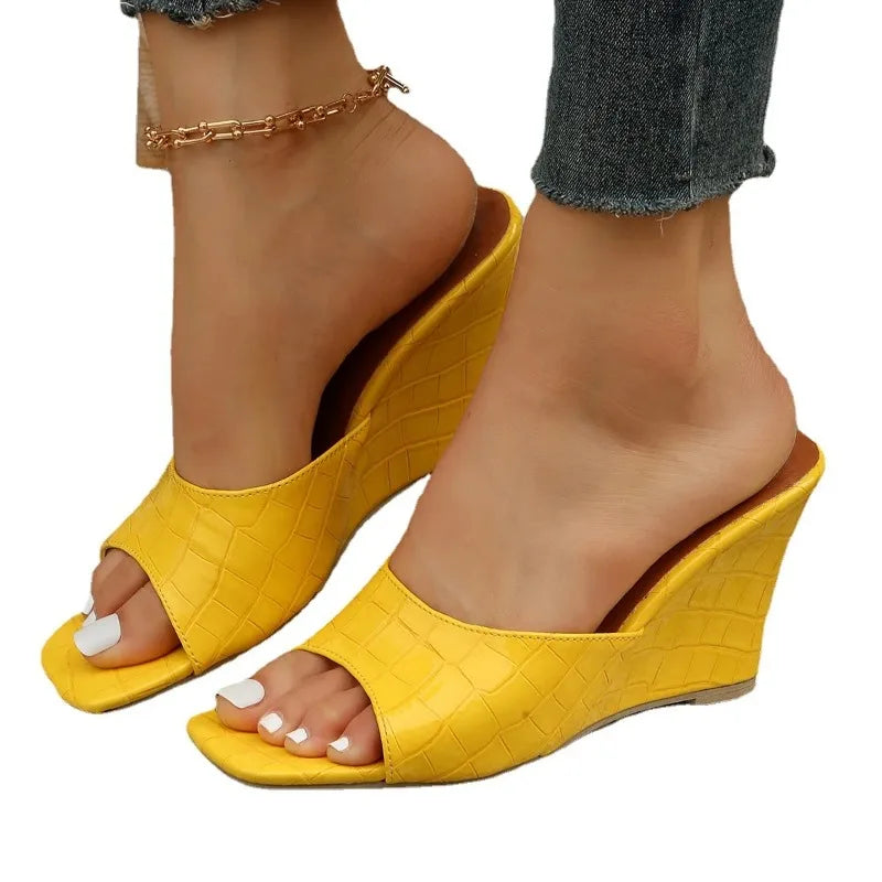 Snake Print Leather Wedge Sandal Slippers