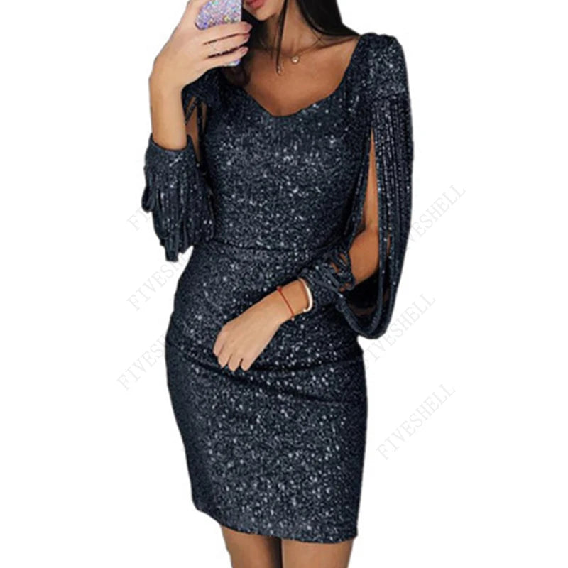 Spring Plus Size Dresses for Women Y2K V-neck Tassel Bag Hip Vestidos Sequins Flapper Design Fashion Party Costumes