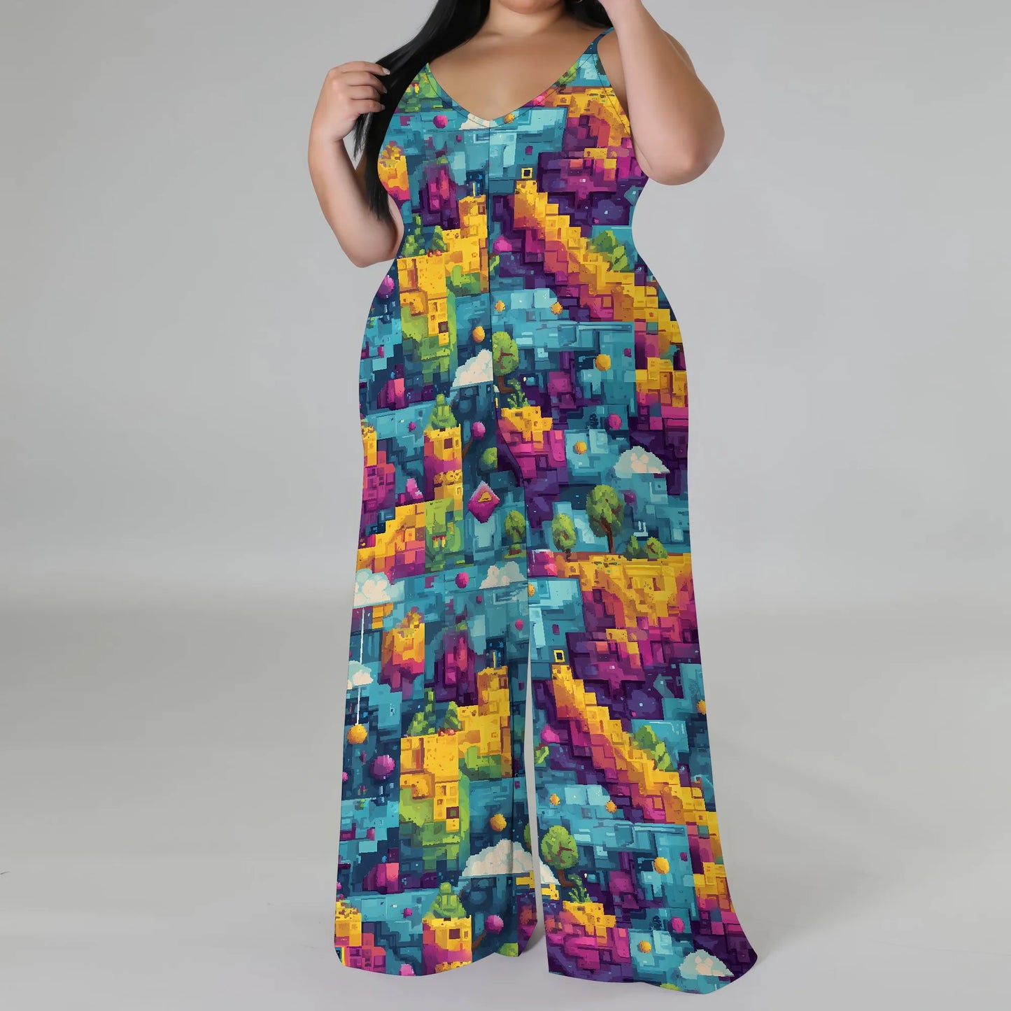 Plus Size Graphic Jumpsuit Colorful Pixel Landscape Print Wide Leg Sleeveless Romper for Women