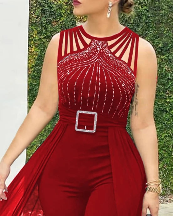 Rhinestone Sheer Mesh Daily Casual Jumpsuit