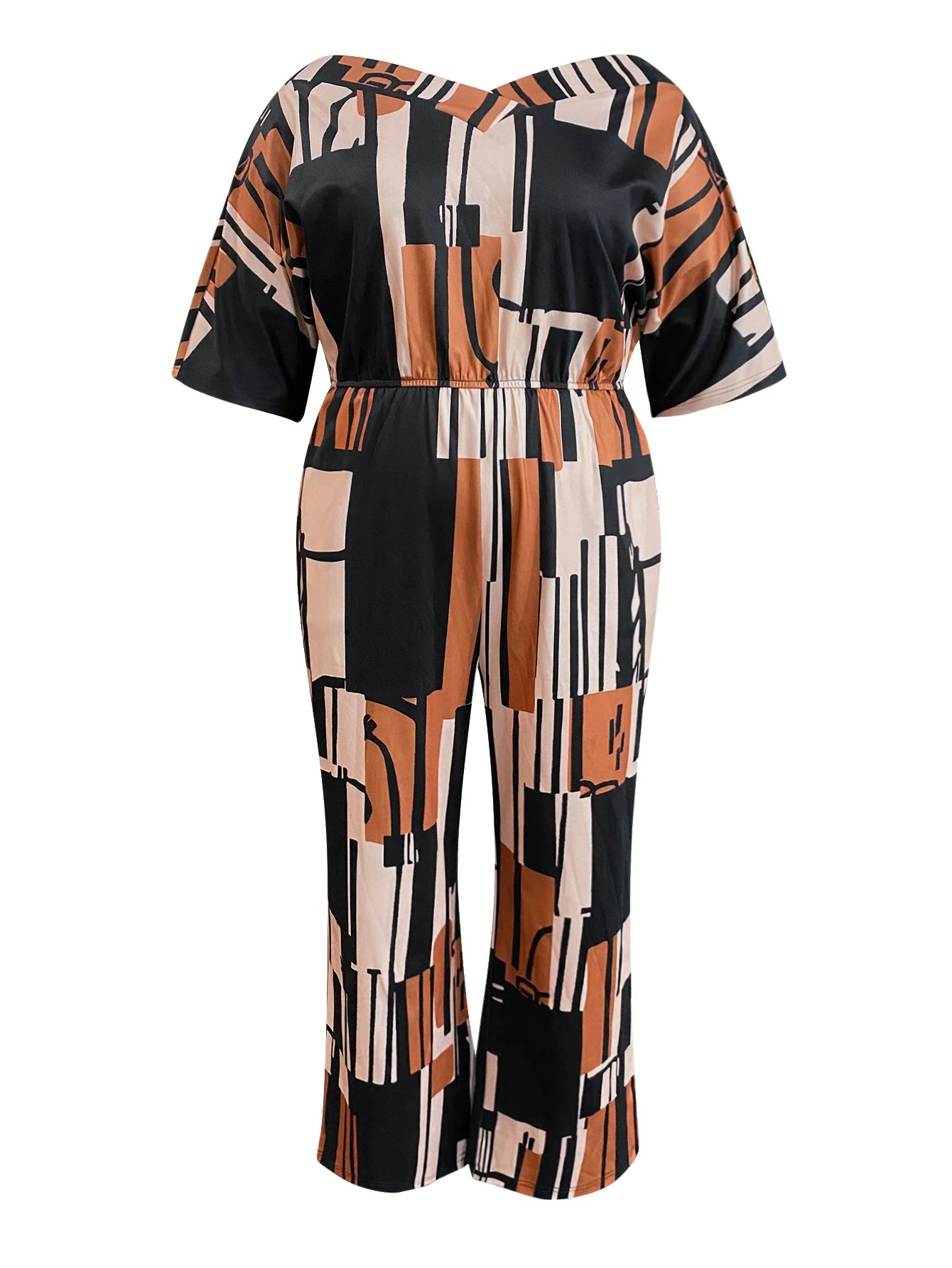 LW Plus Size Jumpsuit Elegant V Neck Mixed Print Jumpsuit with Pockets Comfortable Medium Stretch for Summer and Fall Seasons
