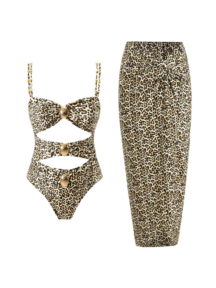Two Pieces Set Woman Swimsuits 2025 Trend Printed One-piece Swimsuit Sexy Hollowed Out High Waisted Bikini for Beach Vacation