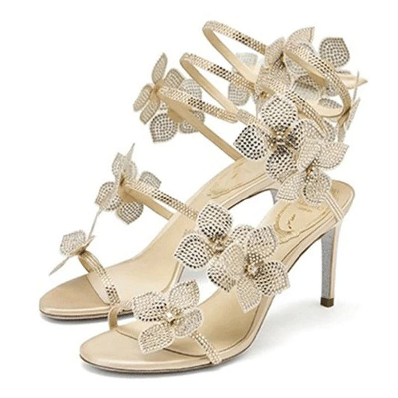 Eilyken Sexy CRYSTAL Flower Thin High Heels Women Sandals Street Style Narrow Band Ankle Strap Pole Dancing Ladies Shoes