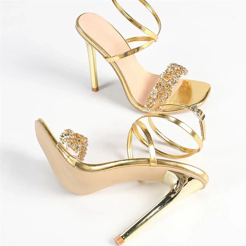 Aneikeh Design Style Golden Buckle Strap Women Sandals Street Style Sequin Rhinestone Thin High Heels Banquet Party Shoes