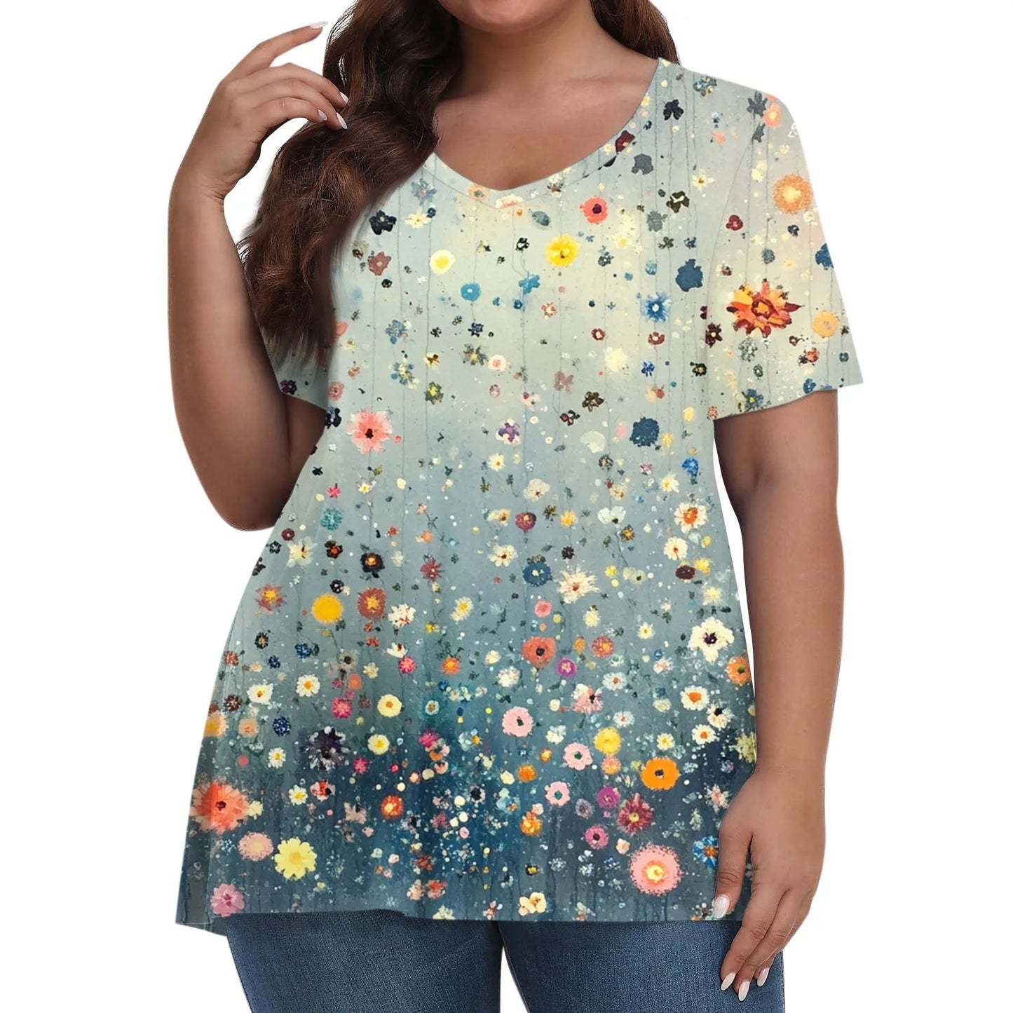 Plus size summer loose t shirt women's fashion casual v neck pullover short sleeve large size floral printed t-shirts top
