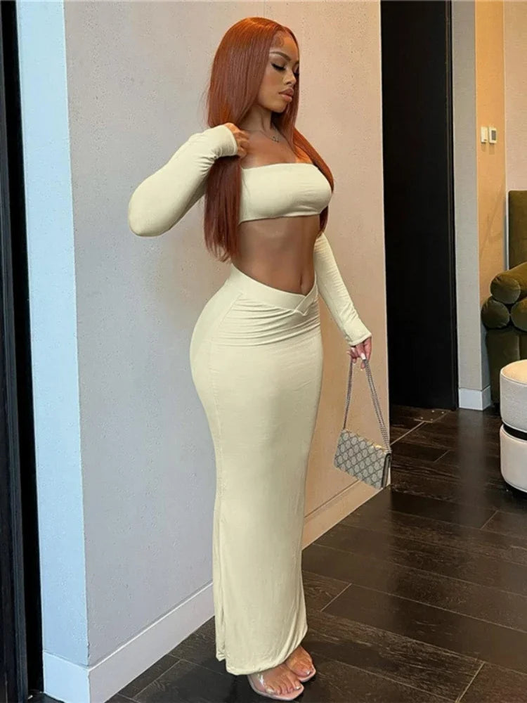 2 Piece Sets Women Outfits Casual Conjuntos Feminino Elegante Square Collar Crop Top Slim Skirt Long Sleeve Ensembles De Jupes