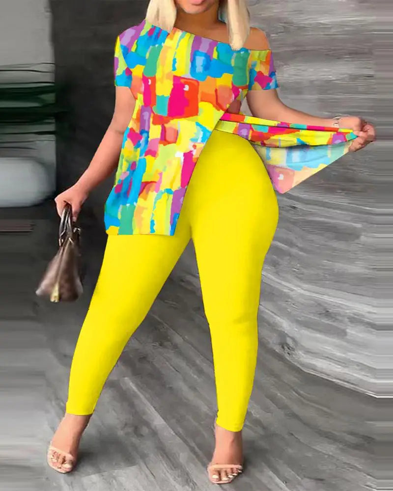 2 Piece Fashion Printed Ruffle Sleeve Pants Set