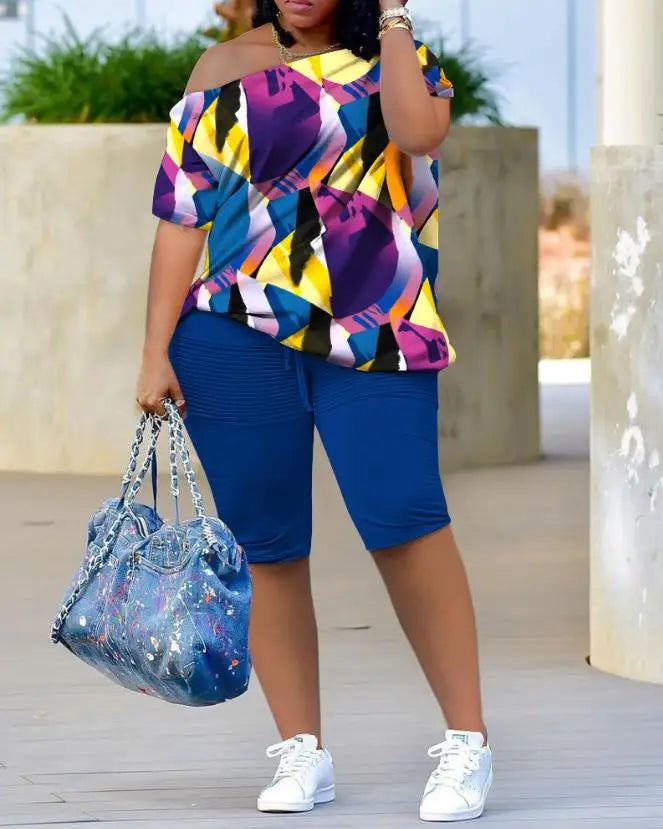 Womens Two Piece Sets Outfit Colors All Over Print Skew Neck Top Shorts Set New Fashion 2024 Summer Casual Loose Female Suits