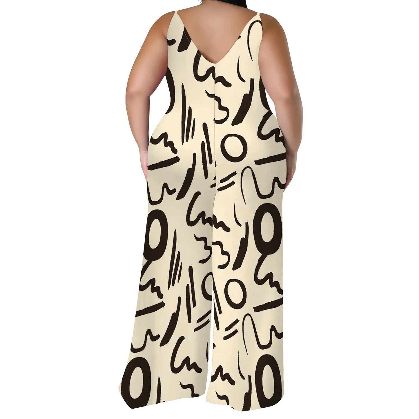 Plus Size Printed Jumpsuit - Strapless Wide Leg Romper with Scarf, Boho Palazzo Pants for Women