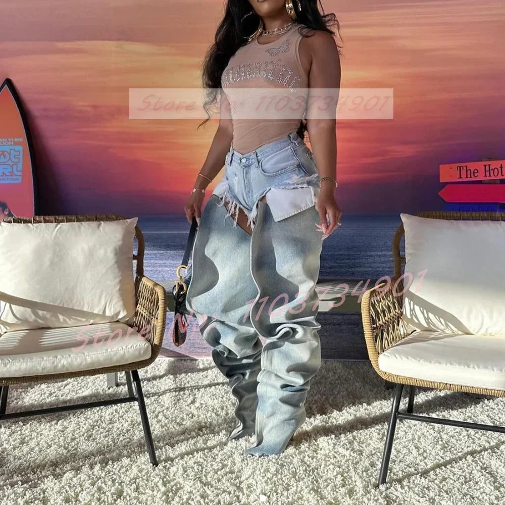 Denim Slip-On Crotch Fashion Pleated High Heels Boots