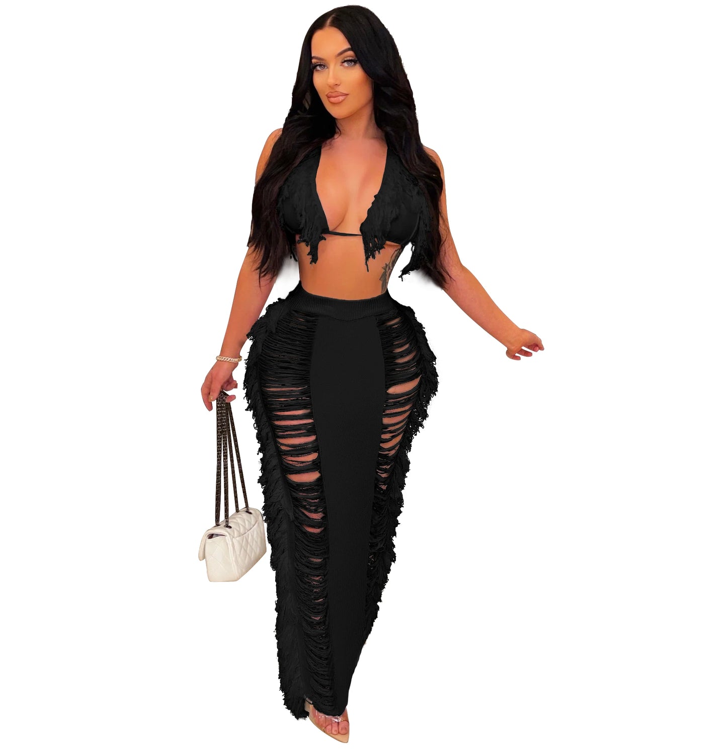 Sexy Bra Crop Top Pants Hollow Out Set