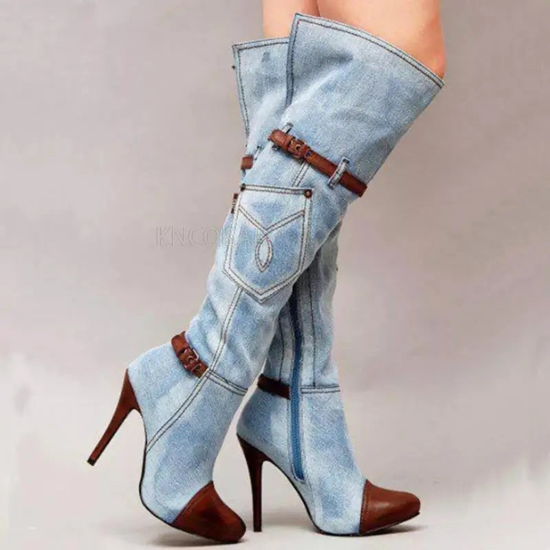 Fashionable Knee High Denim High Heel Boots