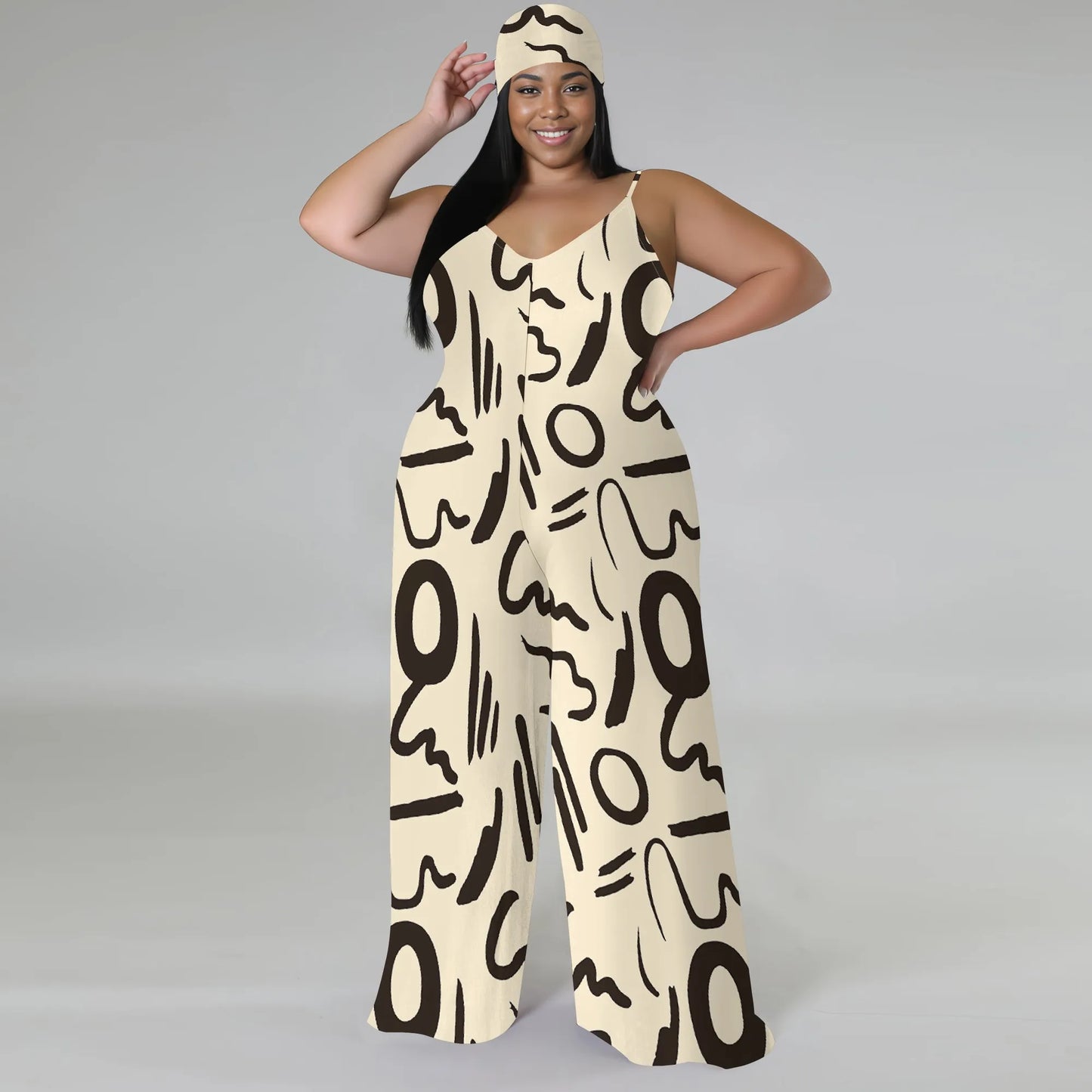 Plus Size Printed Jumpsuit - Strapless Wide Leg Romper with Scarf, Boho Palazzo Pants for Women
