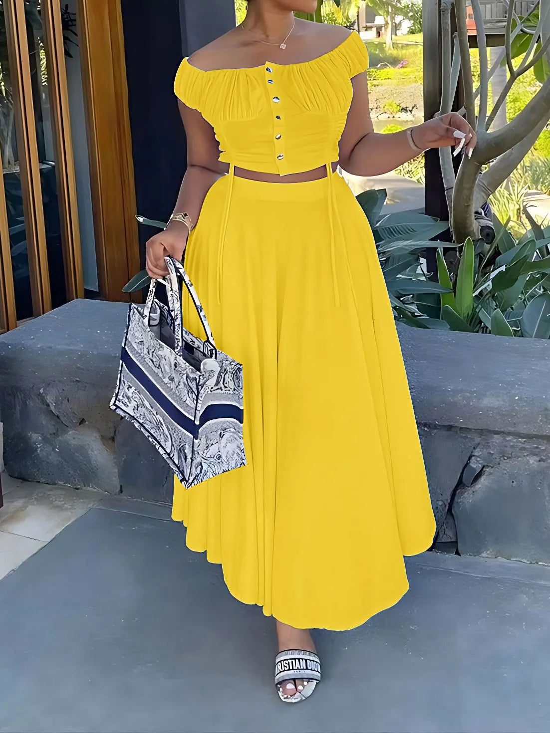 Women's Casual two-piece Summer Solid Off Shoulder Crop Top and Long SkirtSet -Stylish Elegant Vestidos