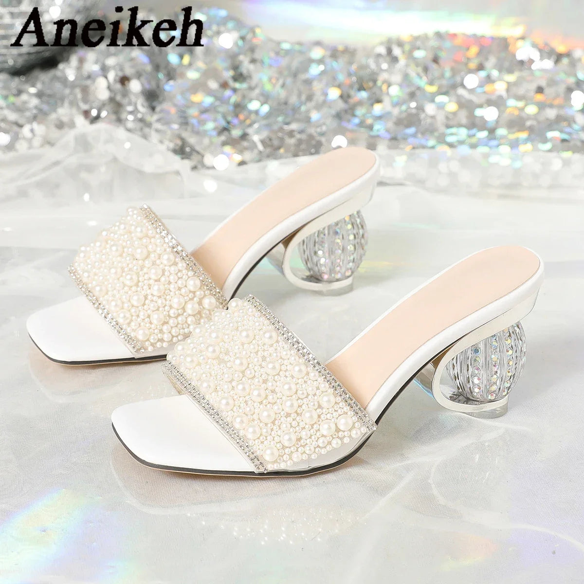 Aneikeh White Pearl Shiny Sandals Slippers Women Transparent Thick Bottom Party Dress Mules High Heels 2026 Summer Heeled Beach