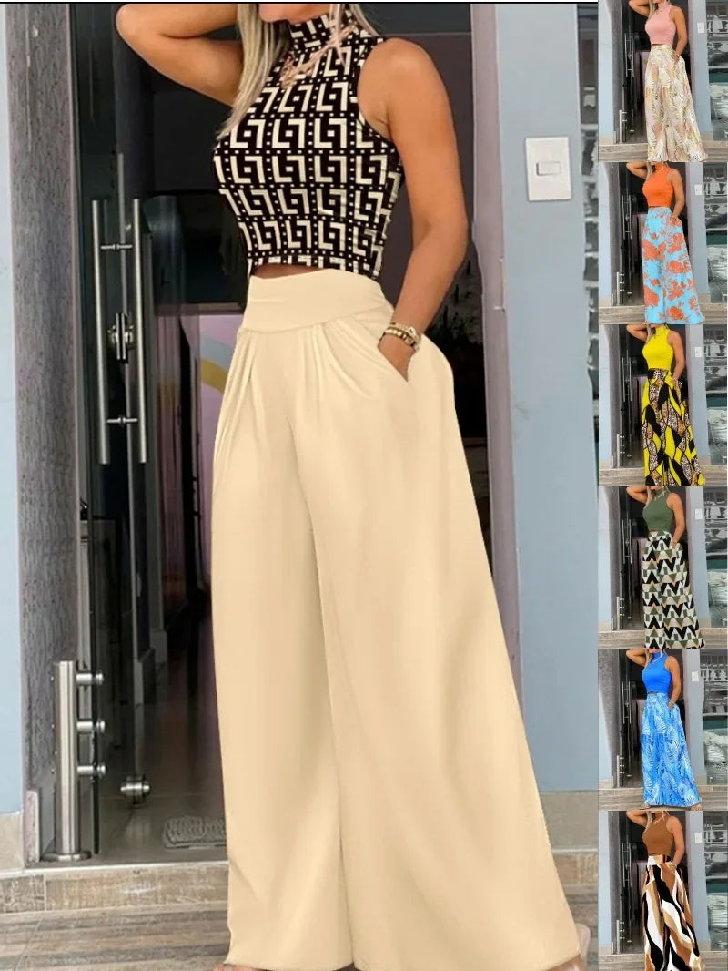 Sleeveless Printed Fashion 2 Piece Pants Set